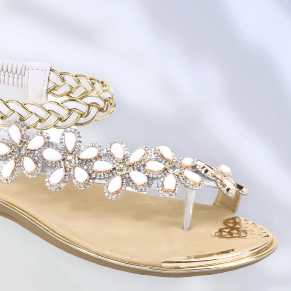 1 Left! Italina Sleek Black Vinyl Floral Rhinestone Embellished Toe Ring Sandal - Picture 7 of 13